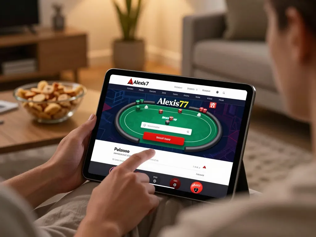 Logging into alexis77 for online poker gameplay in a cozy living room setting.