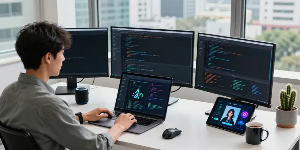 AI deepnude technology development workspace with data visualization and coding.