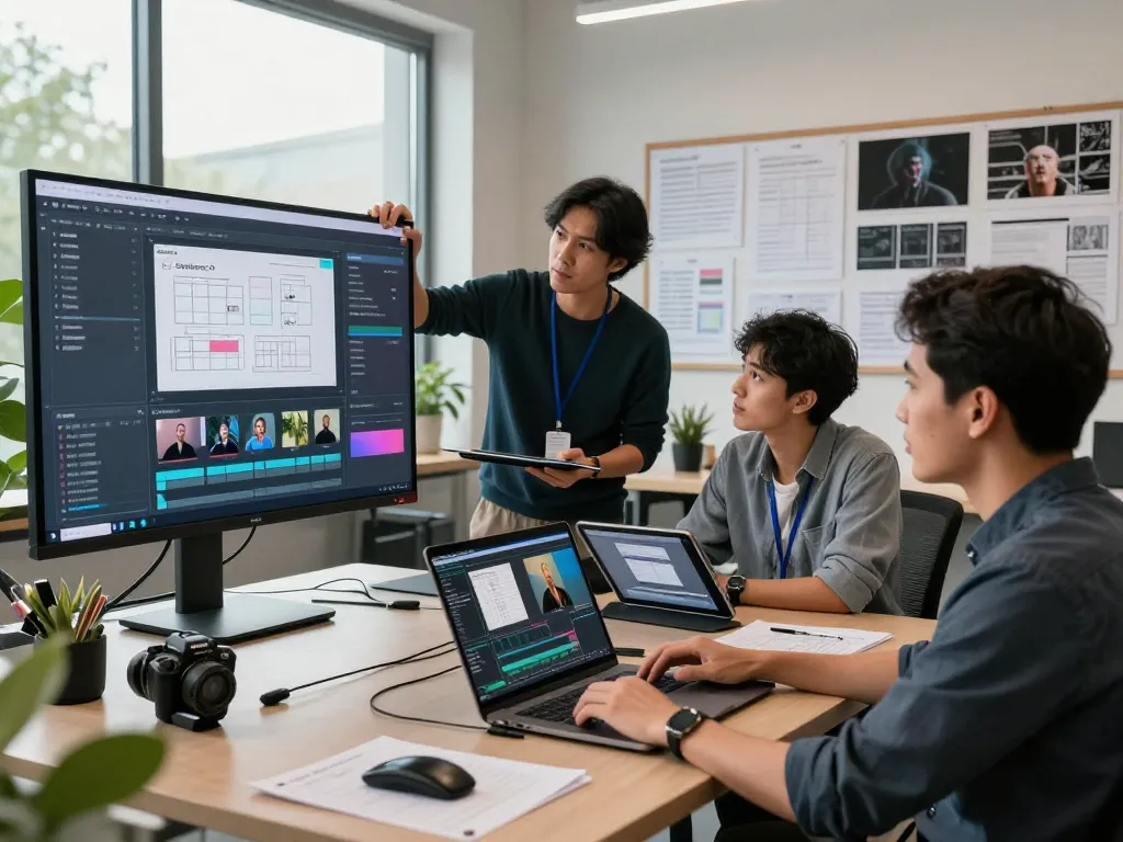 Seedance 2.0 collaboration in a modern studio, showcasing AI video production tools in action.