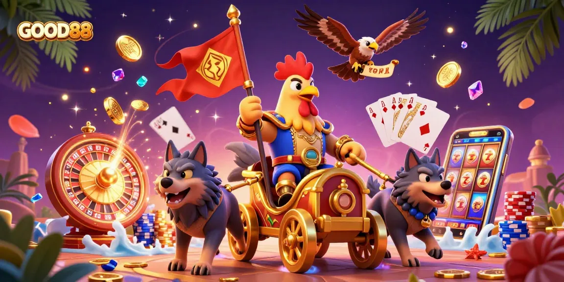 Experience the excitement at GOOD88 with a lively illustration featuring a rooster warlord amidst golden coins and casino elements.