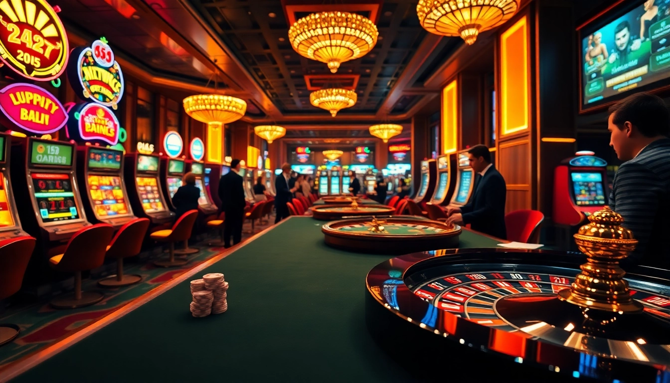 Scène captivante présentant les meilleurs casinos en ligne avec des joueurs aux tables de poker et aux machines à sous.