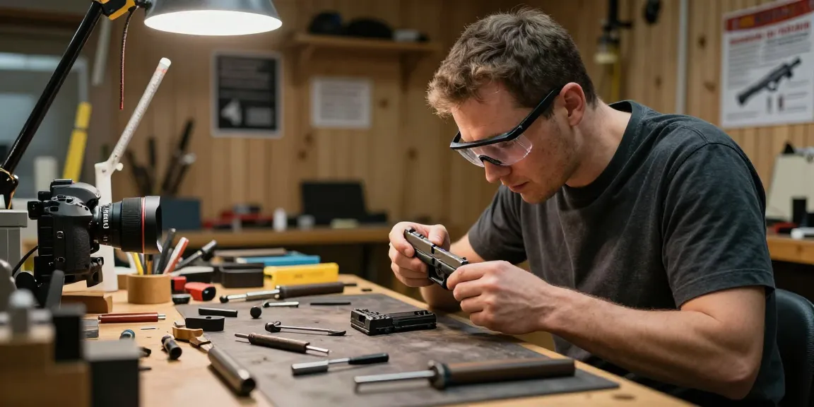 Enhance your Glock slides with precision upgrades from https://precisionglockslides.com showcasing a skilled gunsmith at work.
