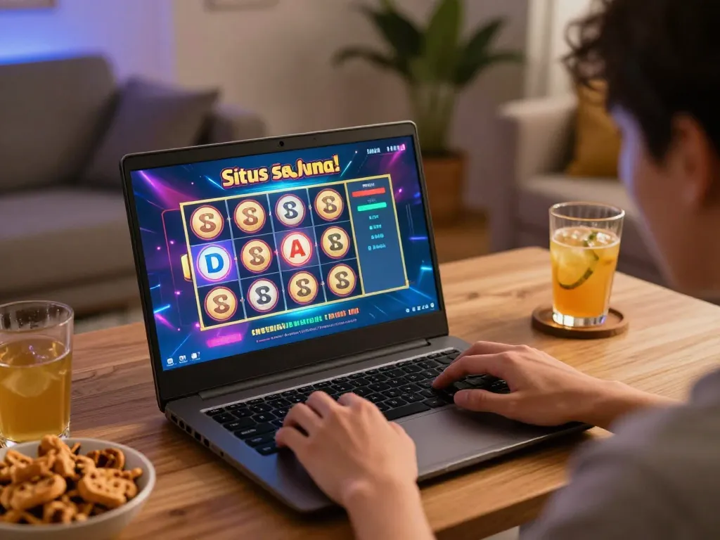 Engaging in situs slot gaming from a cozy home setup featuring colorful screens and strategic elements.