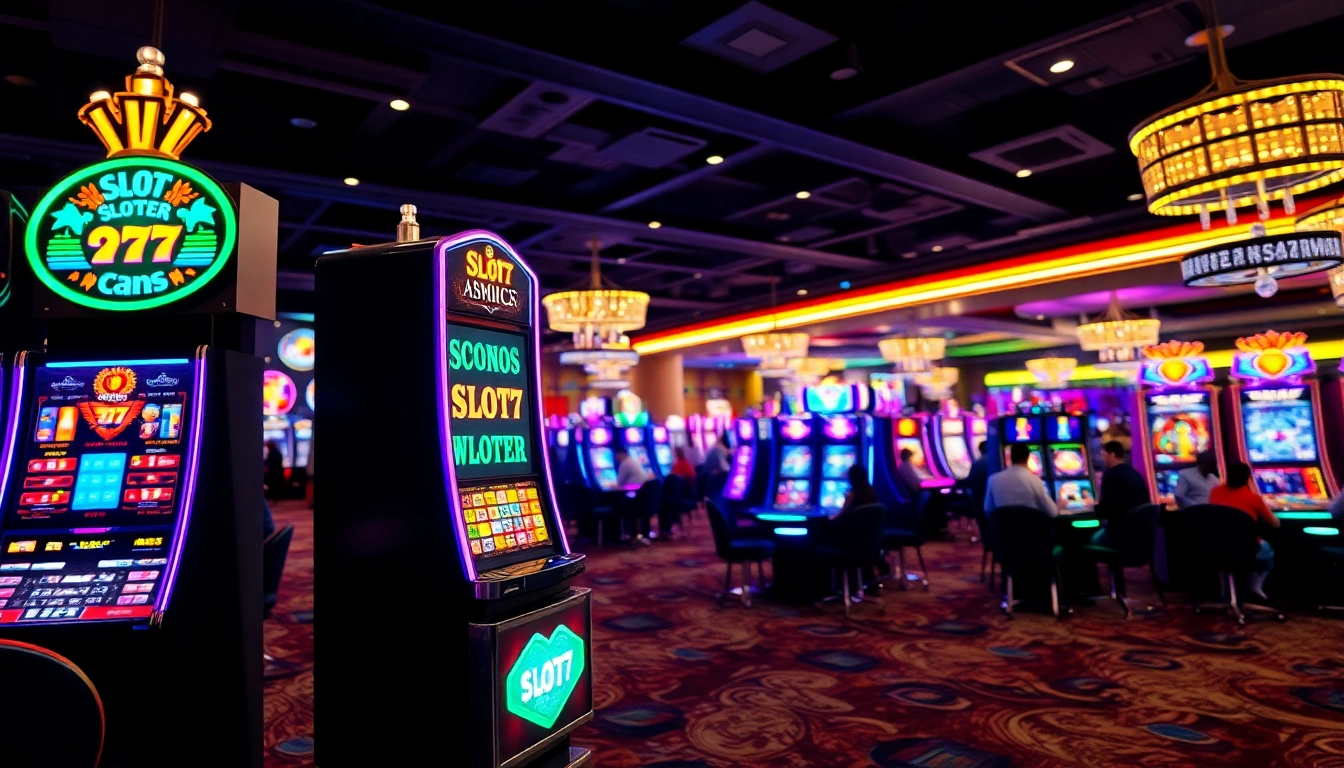Slot77 mesin permainan kasino yang menarik penuh warna dengan pemain terlibat dalam permainan