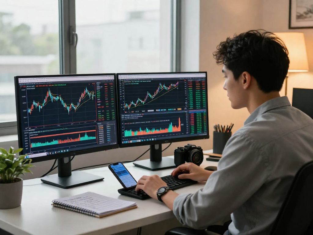 交易者在现代办公室中使用TradingView分析股票和加密货币图表，展示专业的交易环境。