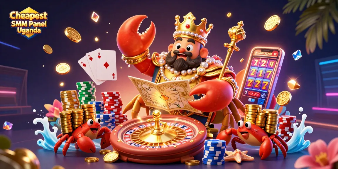 Boost your social media with the Cheapest SMM Panel Uganda featuring a dynamic gold crab emperor in a vibrant casino scene.