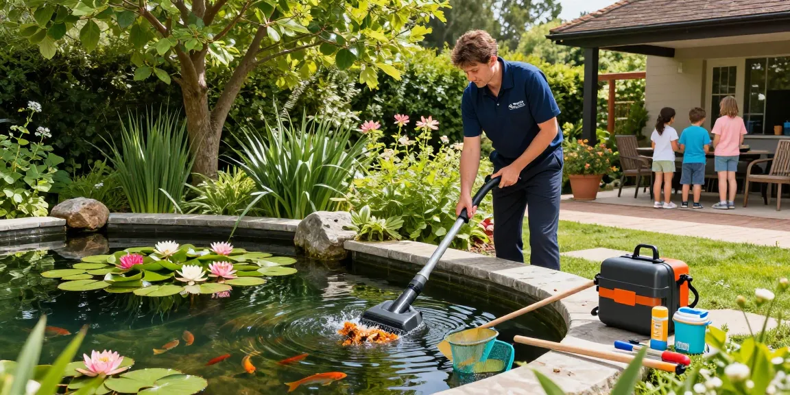 Pond cleaning Essex service with technician vacuuming debris from a tranquil garden pond.