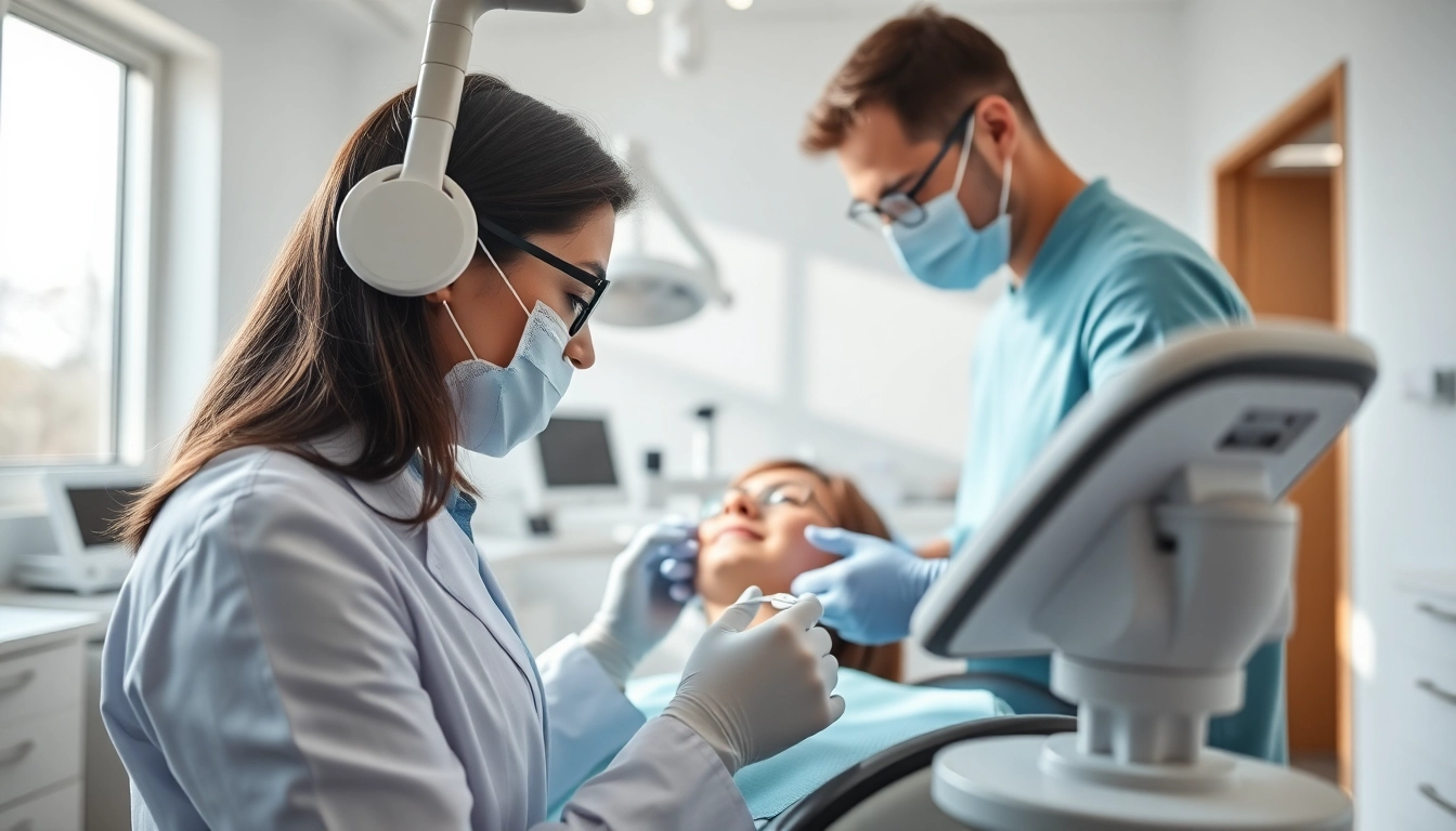Dentist providing care to a patient in a modern clinic environment.