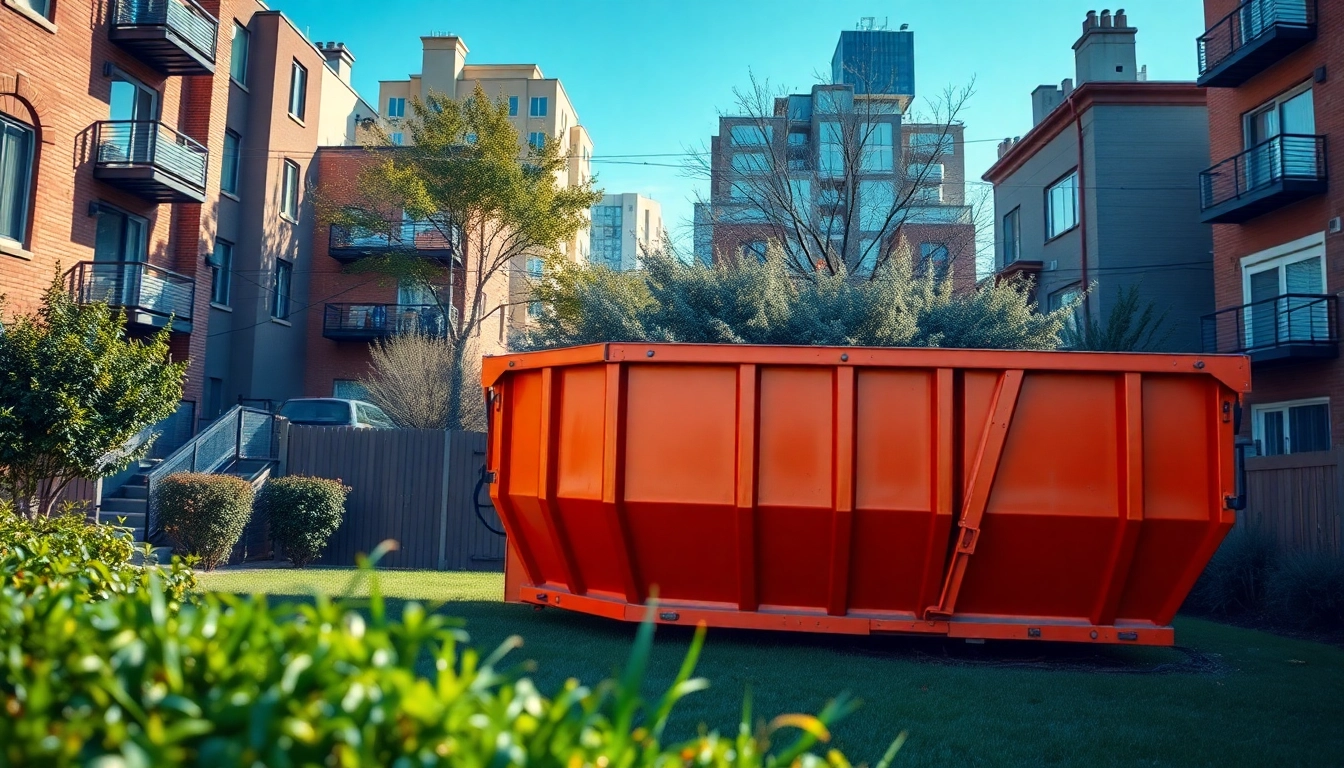 Efficient residential bin rental showcased with a vibrant dumpster in a bright urban setting.