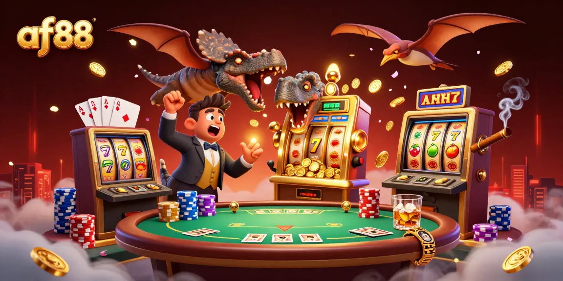 Celebrate winnings at af88 as a pachycephalosaurus interacts with a slot machine amidst vibrant casino elements.