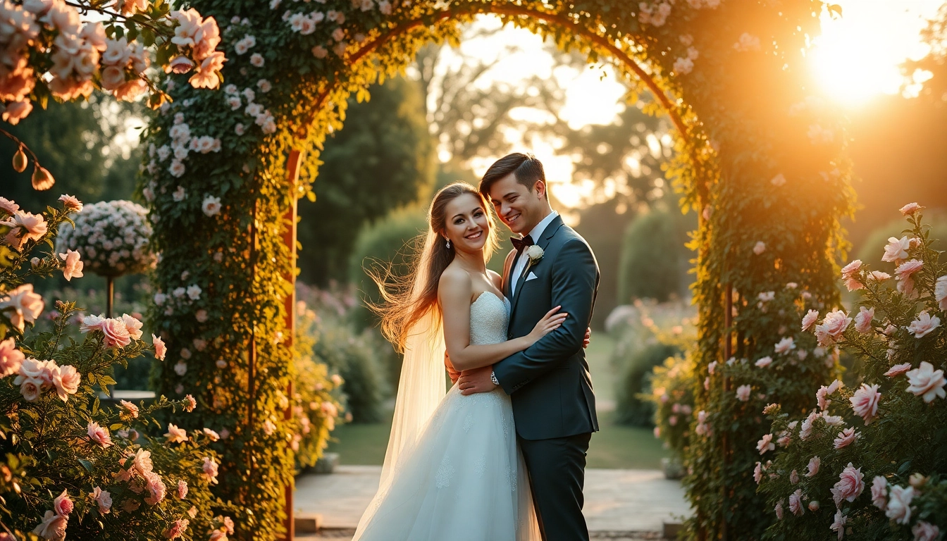 Capture the essence of Wedding photography showcasing a couple in a beautiful outdoor setting.