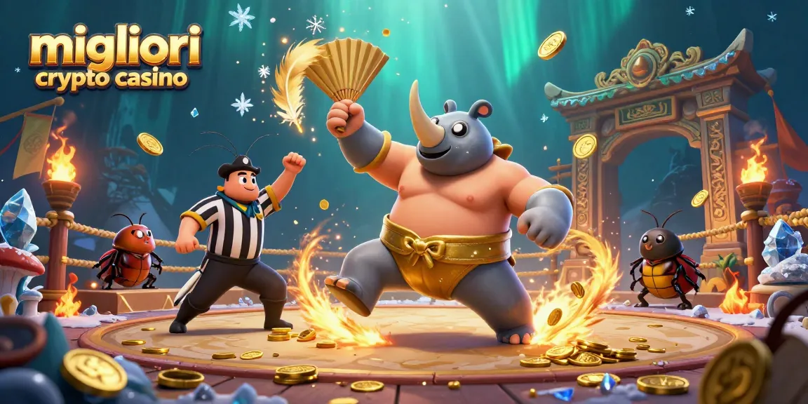 Migliori crypto casino: rinoceronte sumo che lancia monete d'oro, scene di gioco avvincenti.
