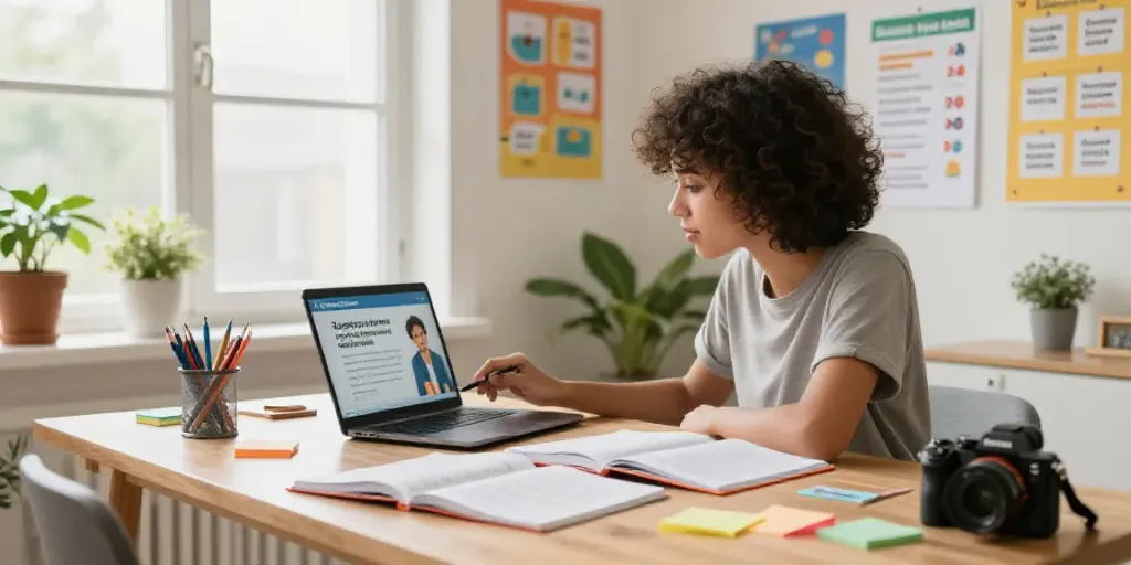 Student engaging in an interactive English course with cozy study setup and educational materials, representing language learning.