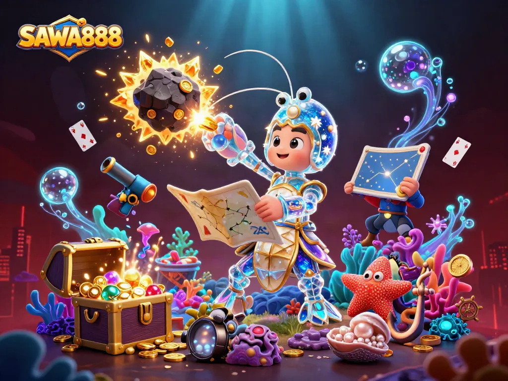 SAWA888 showcases a cosmic shrimp winning by exploding an asteroid filled with gems and coins.