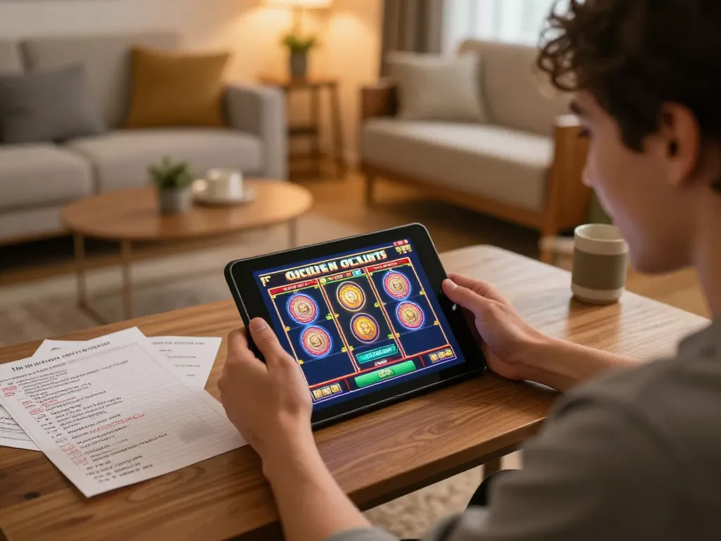 Engaging player enjoying online slots on tablet with colorful graphics and strategic notes.