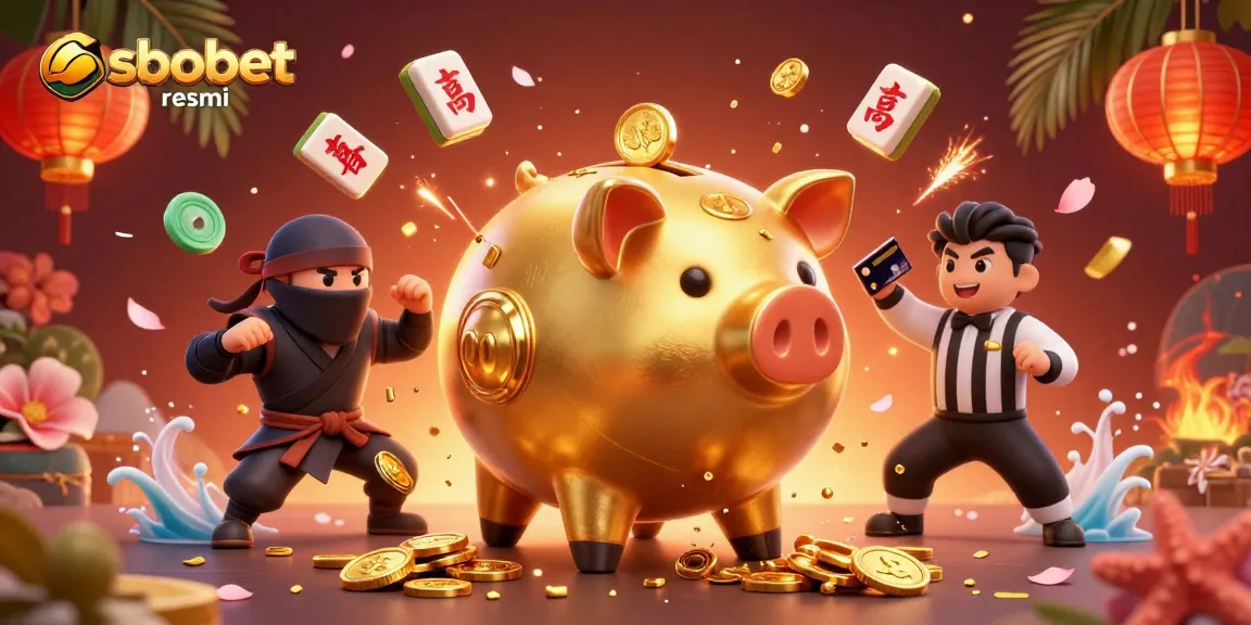 Engage in exciting gameplay with sbobet resmi as a piggy bank sumo wrestler, surrounded by dynamic elements and symbols of luck.