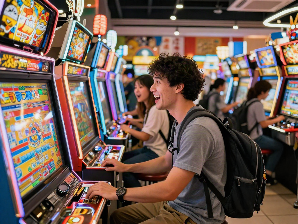 Exciting atmosphere at a slot jepang arcade with vibrant machines and enthusiastic players.