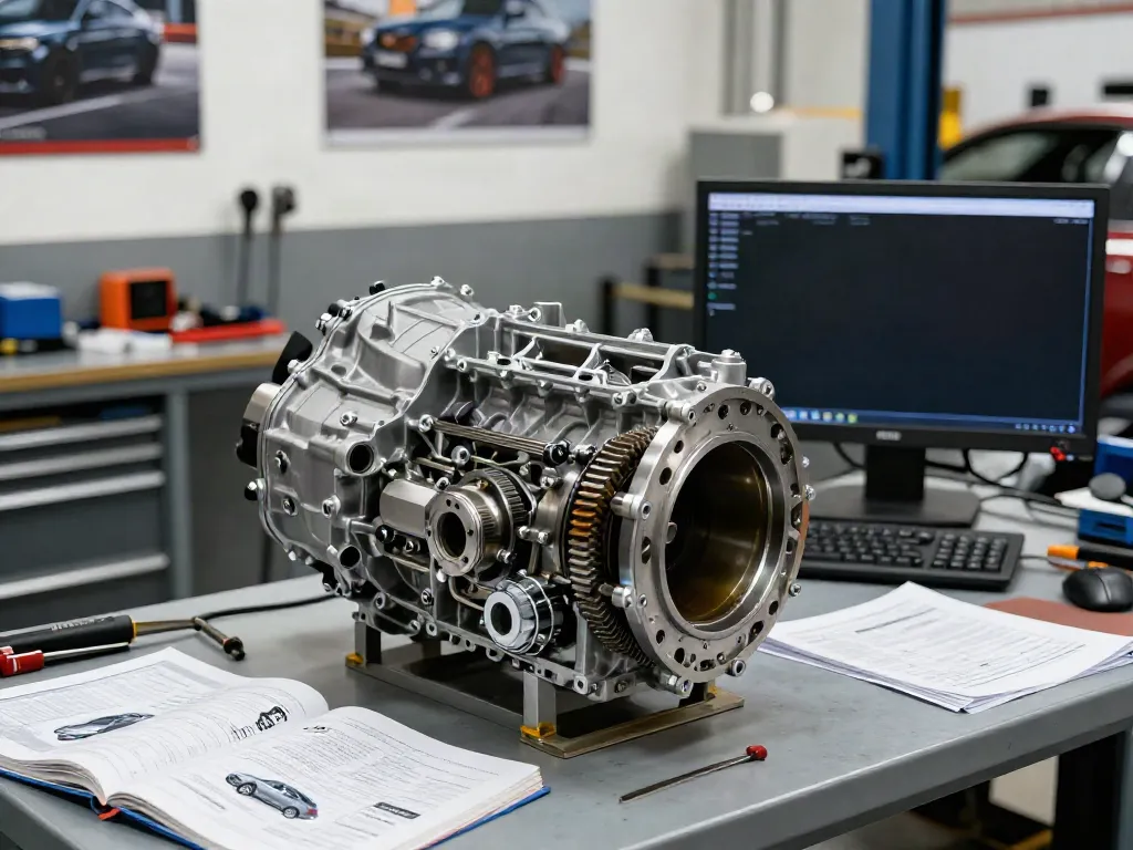 CD009 transmission for sale prominently displayed in a mechanic's workshop, showcasing inspection tools and manuals.