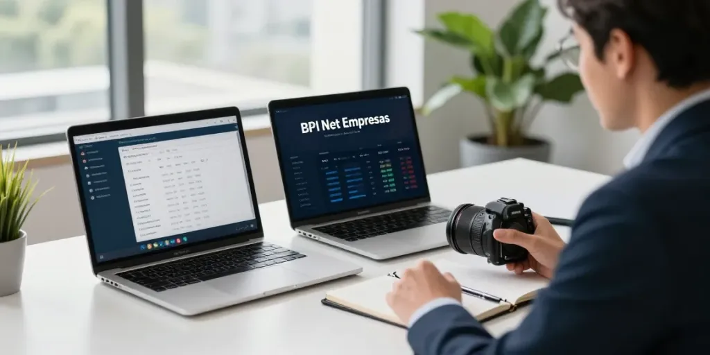 Professional discussing bpi net empresas during a video call in a modern office.