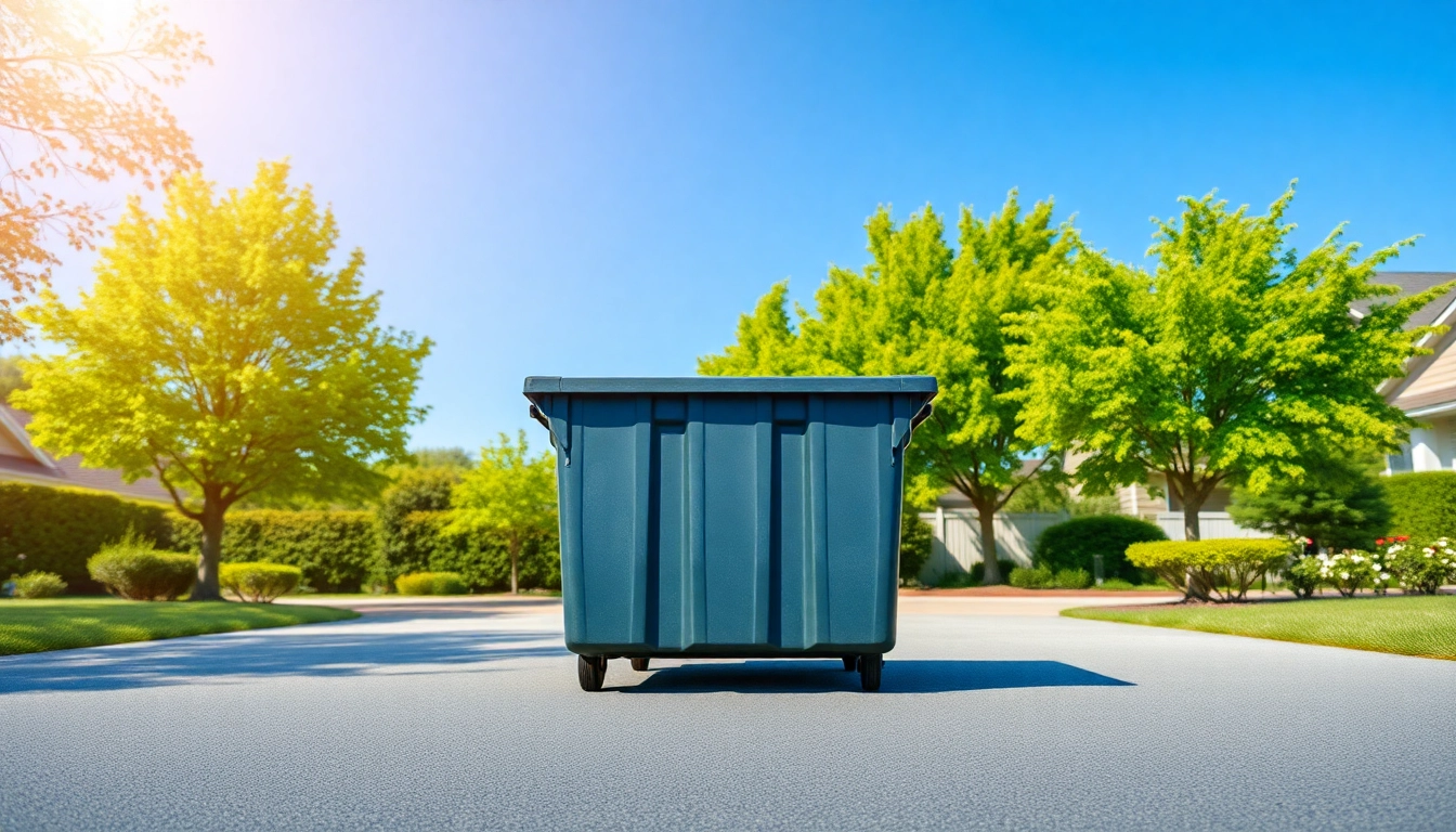 Residential bin rental positioned conveniently in a landscaped yard, promoting clean waste management.