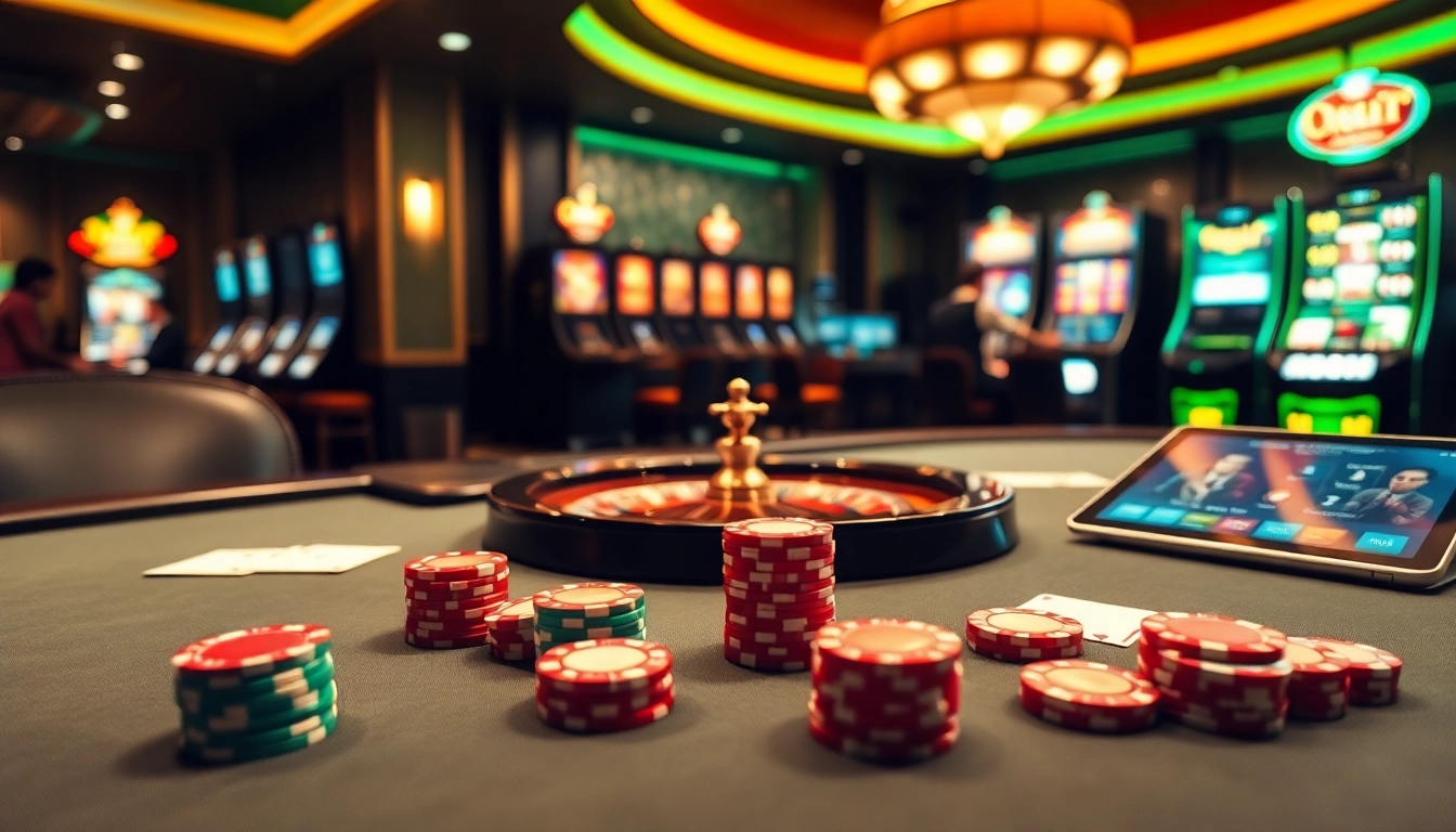 Une scène passionnante de jeu de poker mettant en avant les meilleurs casinos en ligne avec des jetons polis et une roue de roulette vibrante.