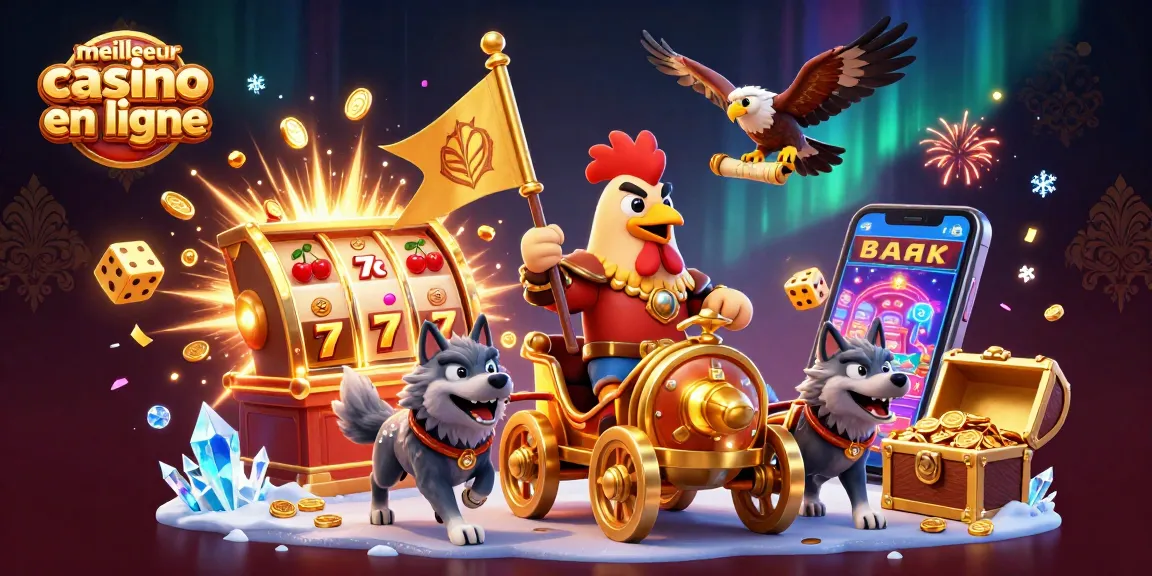 Illustration représentant le meilleur casino en ligne avec un seigneur coq et des éléments de jeu riches.