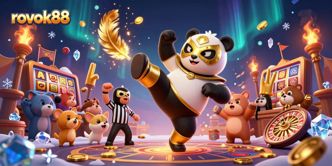 Experience the action of rokok88 with a panda wrestler and chihuahua referee in a vibrant casino