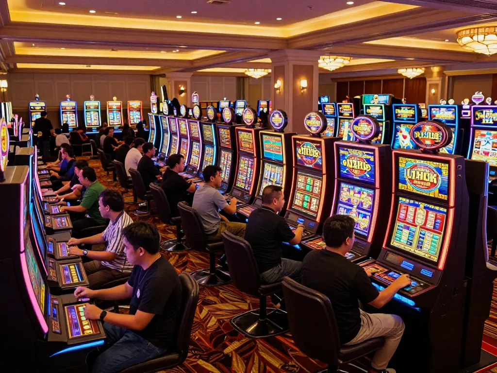 Players engaging with vibrant slot machines at a bustling casino floor showcasing situs slot gacor excitement