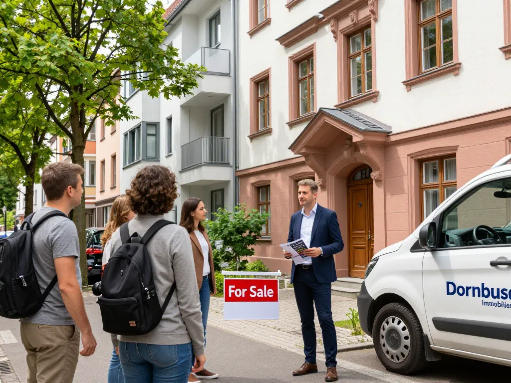 Immobilienmakler Frankfurt Sachsenhausen mit Immobilienbroschüren, die potenzielle Käufer vor einer charmanten Altbauwohnung ansprechen.