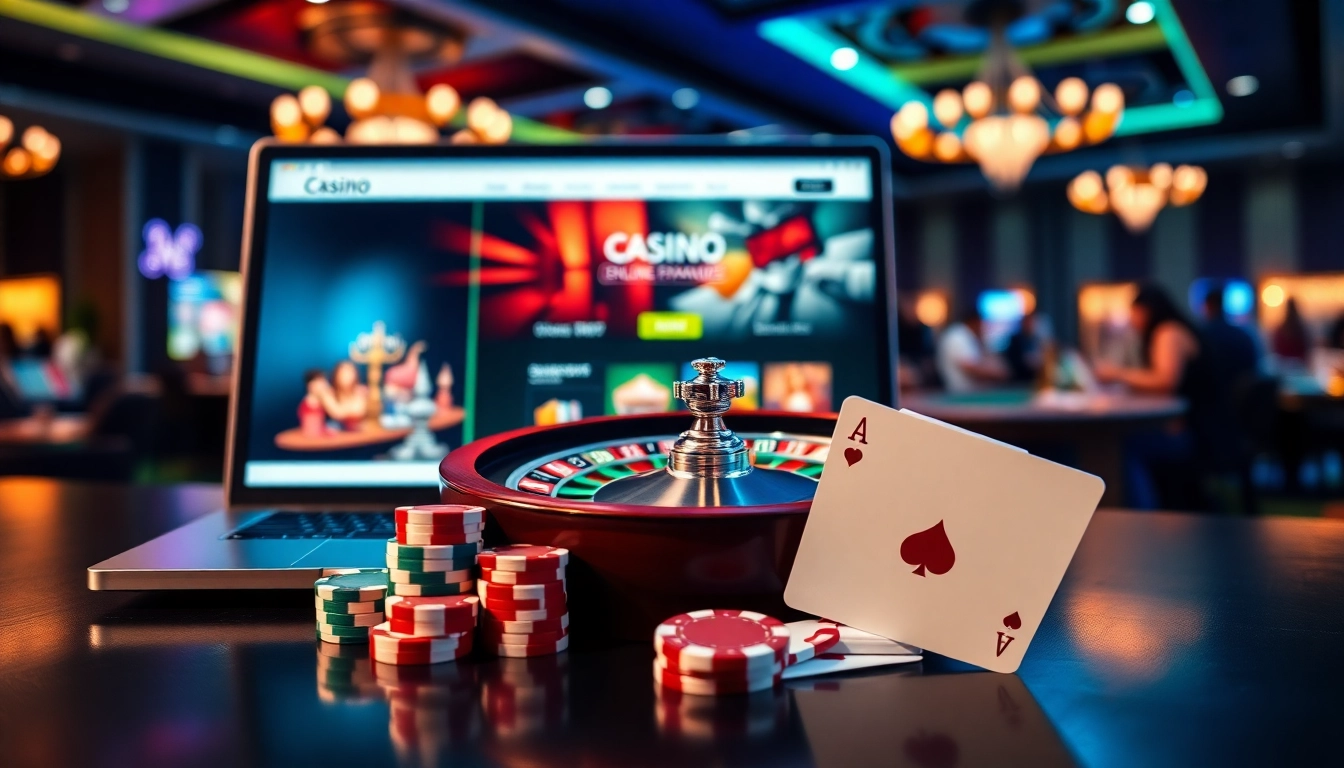 Découvrez l'excitation du casino en ligne français avec une roulette luxueuse et des jetons de poker vibrants.
