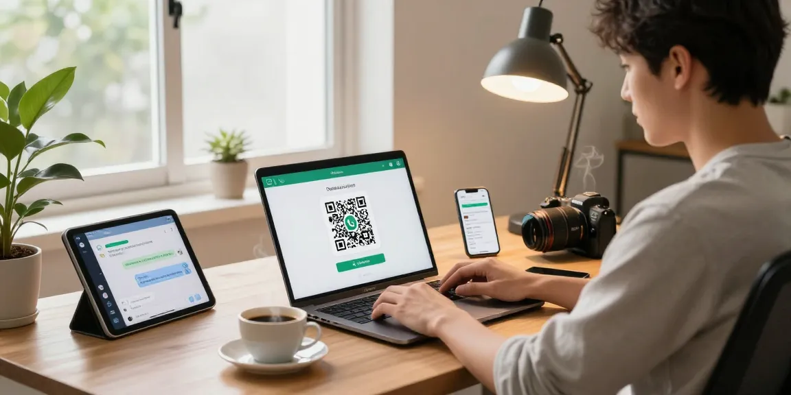 Using WhatsApp網頁版 on a laptop in a modern home office with tech gadgets.