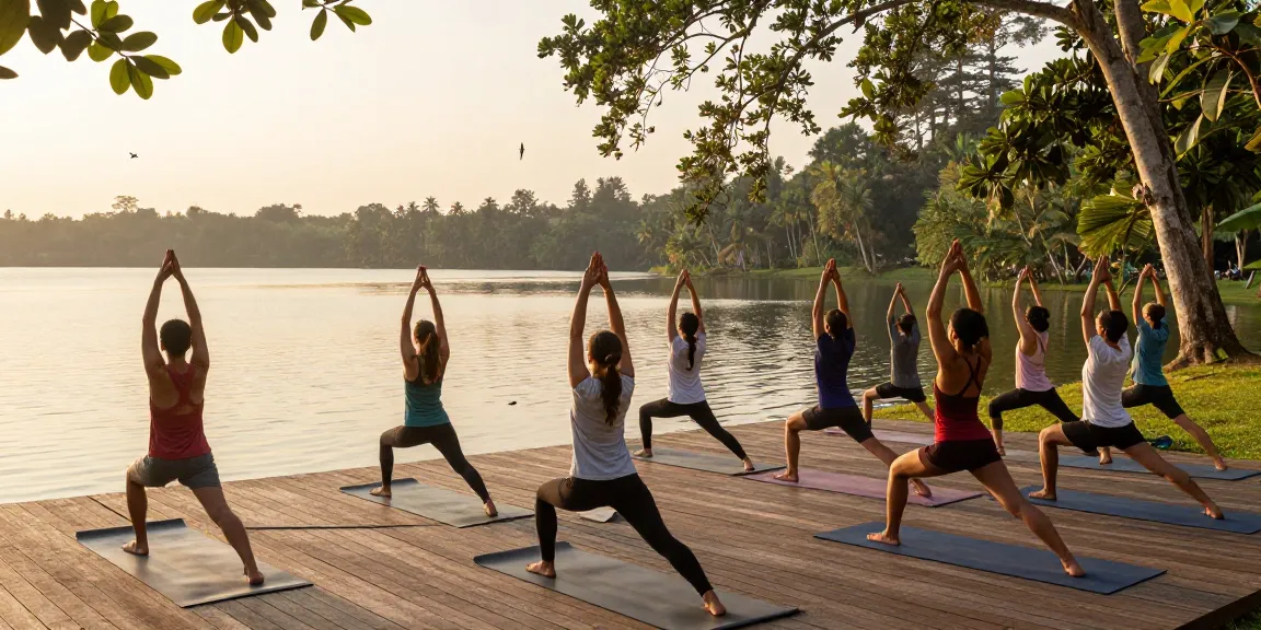 yoga teacher training sri lanka 2026 students practicing yoga at sunrise by Koggala Lake