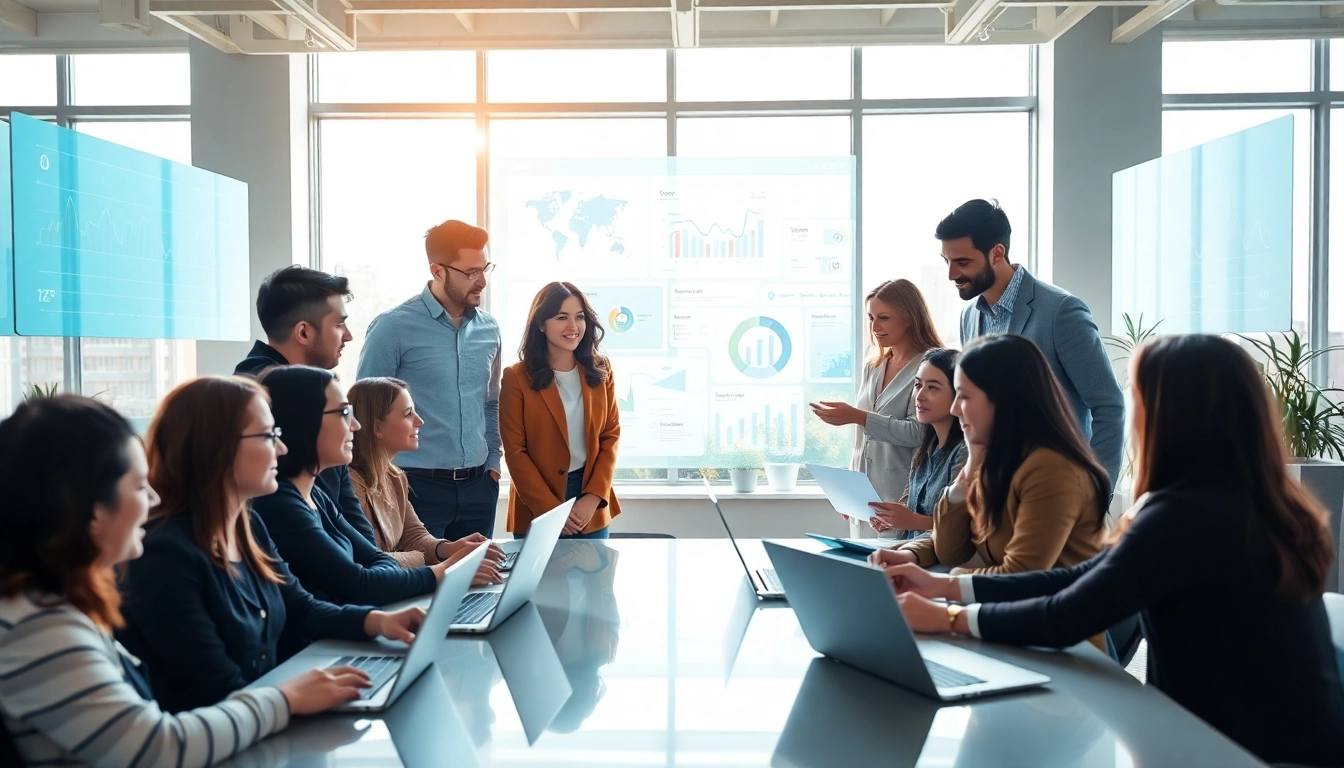 AI assistant for enterprise teams collaborating in a modern, vibrant office environment.