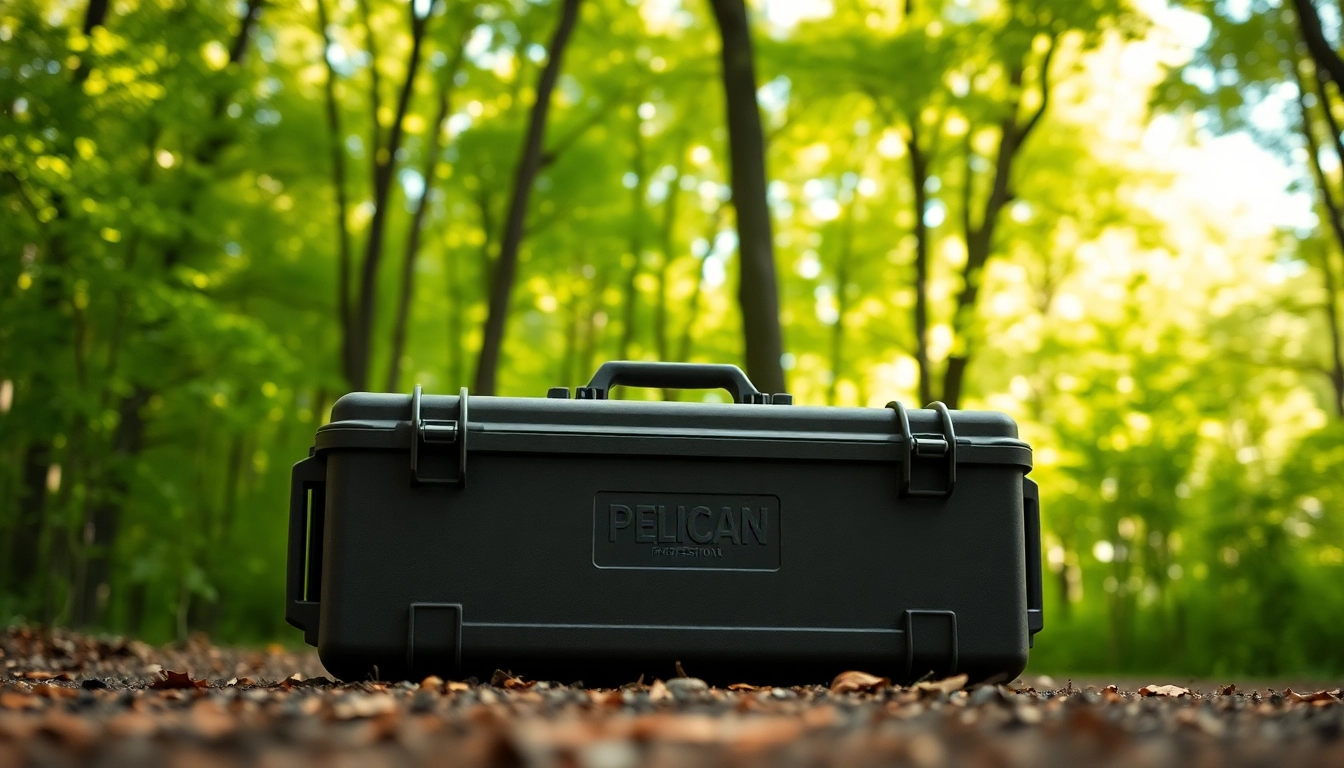 Showcase of a Pelican rifle case amidst a forest backdrop highlighting its durability and outdoor readiness.