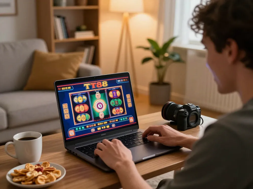 Engaging in TT88 online casino gameplay on a laptop in a cozy home environment.