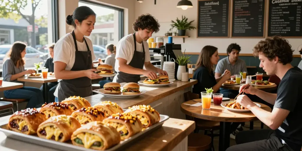 Breakfast near me (Austin Texas area) bustling café scene highlighting NYC-inspired sandwiches and vibrant atmosphere