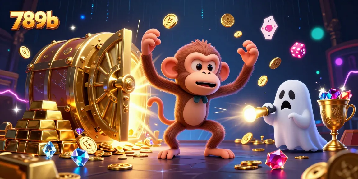 Engage in thrilling 789b gameplay as a mischievous monkey juggles golden treasures in a haunted casino.