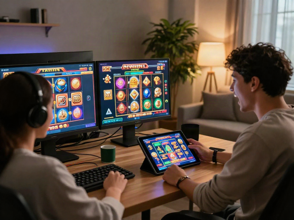 Players enjoying slot bonus new member 100 in an exciting online gaming setup with vibrant graphics and cheerful expressions.
