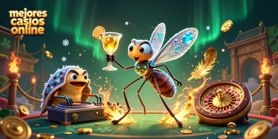 Ilustración de los mejores casinos online en acción con un mosquito de ámbar y un DJ trilobite en un entorno vibrante.