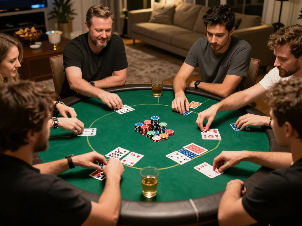 Friends enjoying a poker game at home, utilizing hitclubapk for an exciting night of strategy