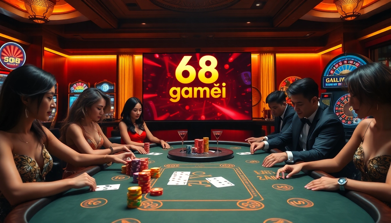 Engaging players enjoying poker and casino games in 68 game bài setting, exuding luxury and excitement.