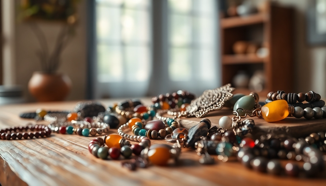 Shop spiritual jewelry shop showcasing vibrant gemstones and intricate designs.