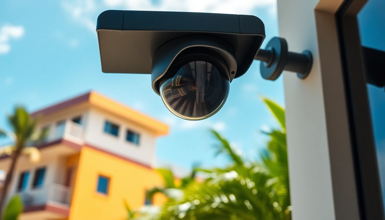Cámaras de seguridad en Guanacaste instaladas en un edificio moderno, demostrando seguridad avanzada en entornos tropicales.