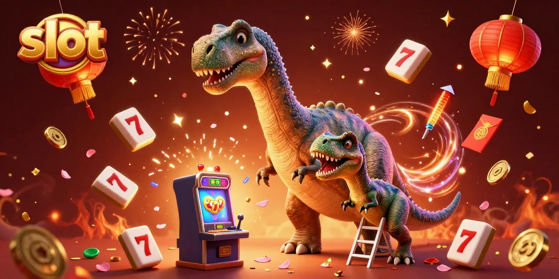Spin the vivid slot-themed scene with a playful brontosaurus and raptor surrounded by games.