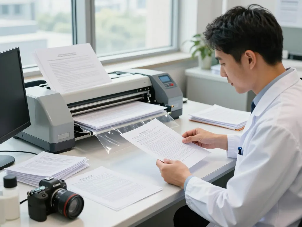 gỡ ép plastic hà nội technique demonstration in a bright office environment, showcasing document preservation with expert care.