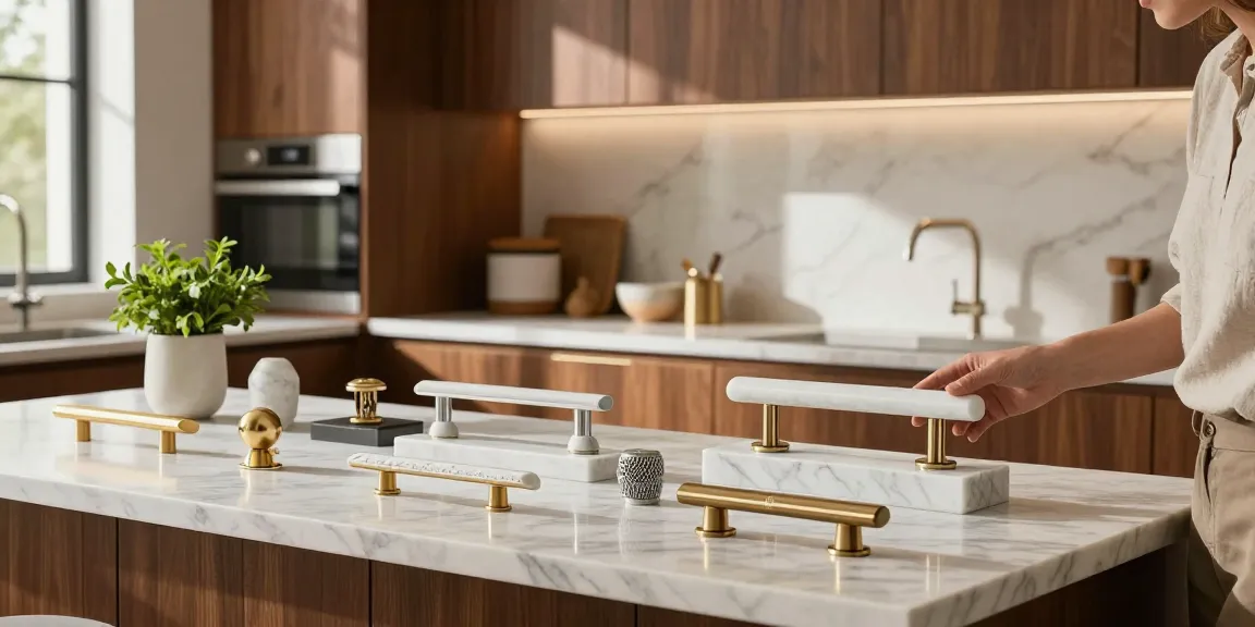 Stylish kitchen interior showcasing luxury handles for cabinets, featuring modern designs and marble accents.