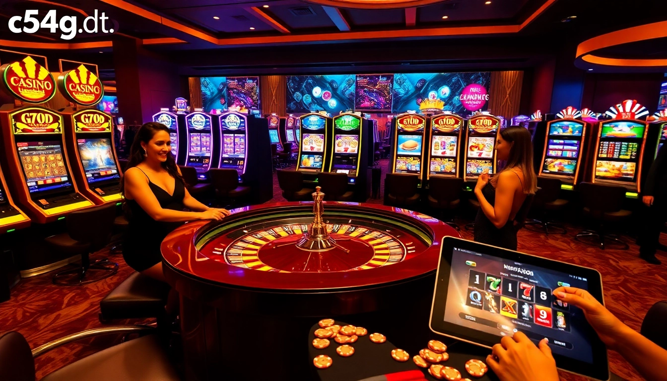 Players enjoying a thrilling game at c54.gb.net's luxurious casino tables with vibrant slot machines.
