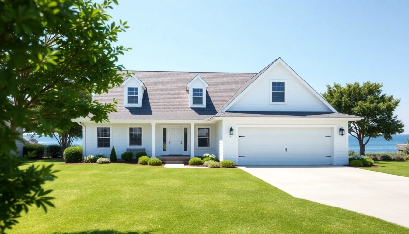 Cape Cod home with attached garage set in a serene coastal environment, showcasing modern design and natural beauty.