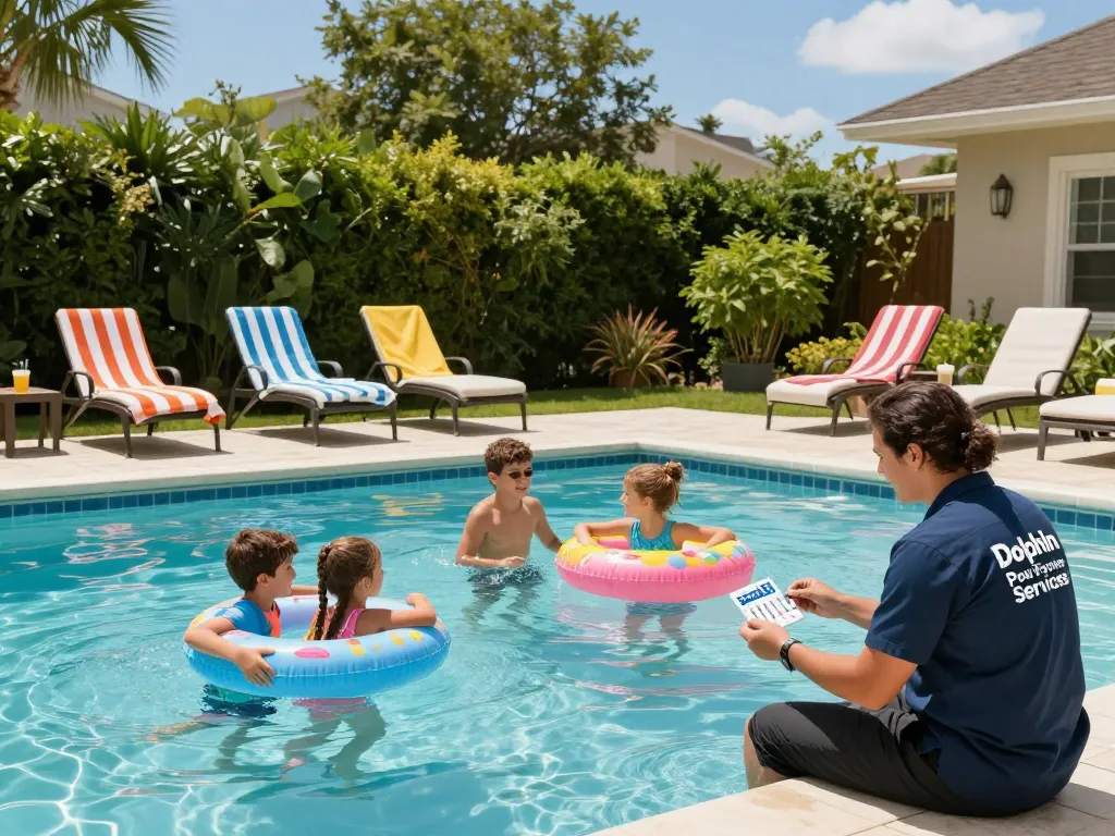 Dolphin Pool Services technician checking pool water quality while family enjoys summer swim.