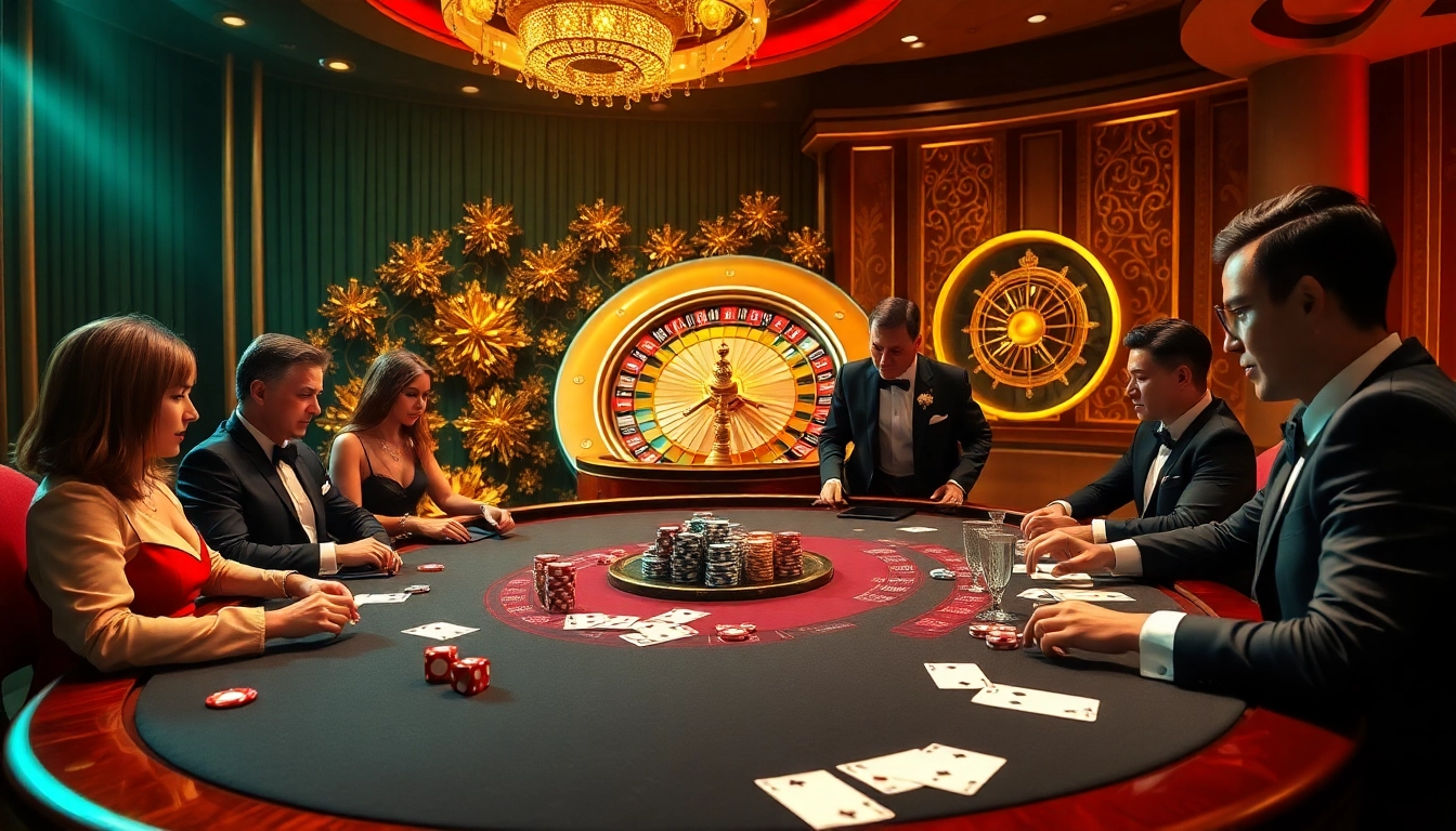 Tobet88 casino scene showcasing high-stakes poker action with vibrant colors and elegant players.